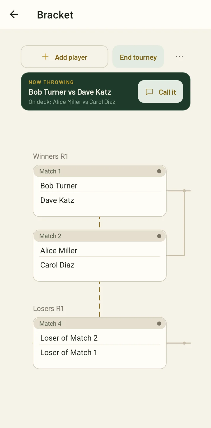 Bracket Dawg bracket screen: winners round 1 and losers round 1 match cards joined by bracket lines.